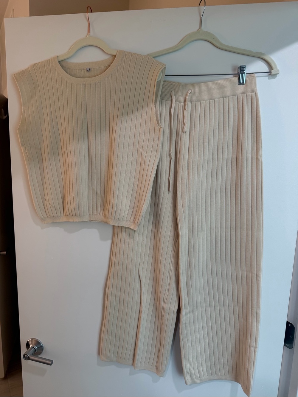 Ribbed Knit Sleeveless Top & Wide Leg Pants Set - Cream